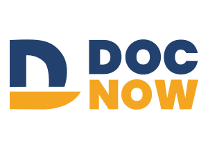 DOC NOW logo: blue 'DOC' text beside yellow 'NOW' with an orange swoosh underlining the left side.