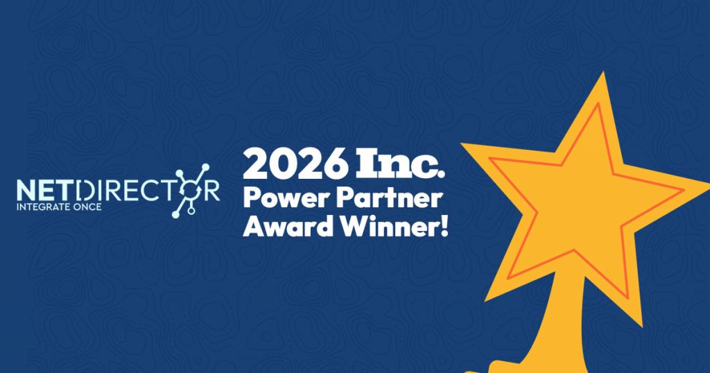 Blue award banner showing NETDIRECTOR logo and the text '2026 Inc. Power Partner Award Winner!' with a large yellow star on the right.